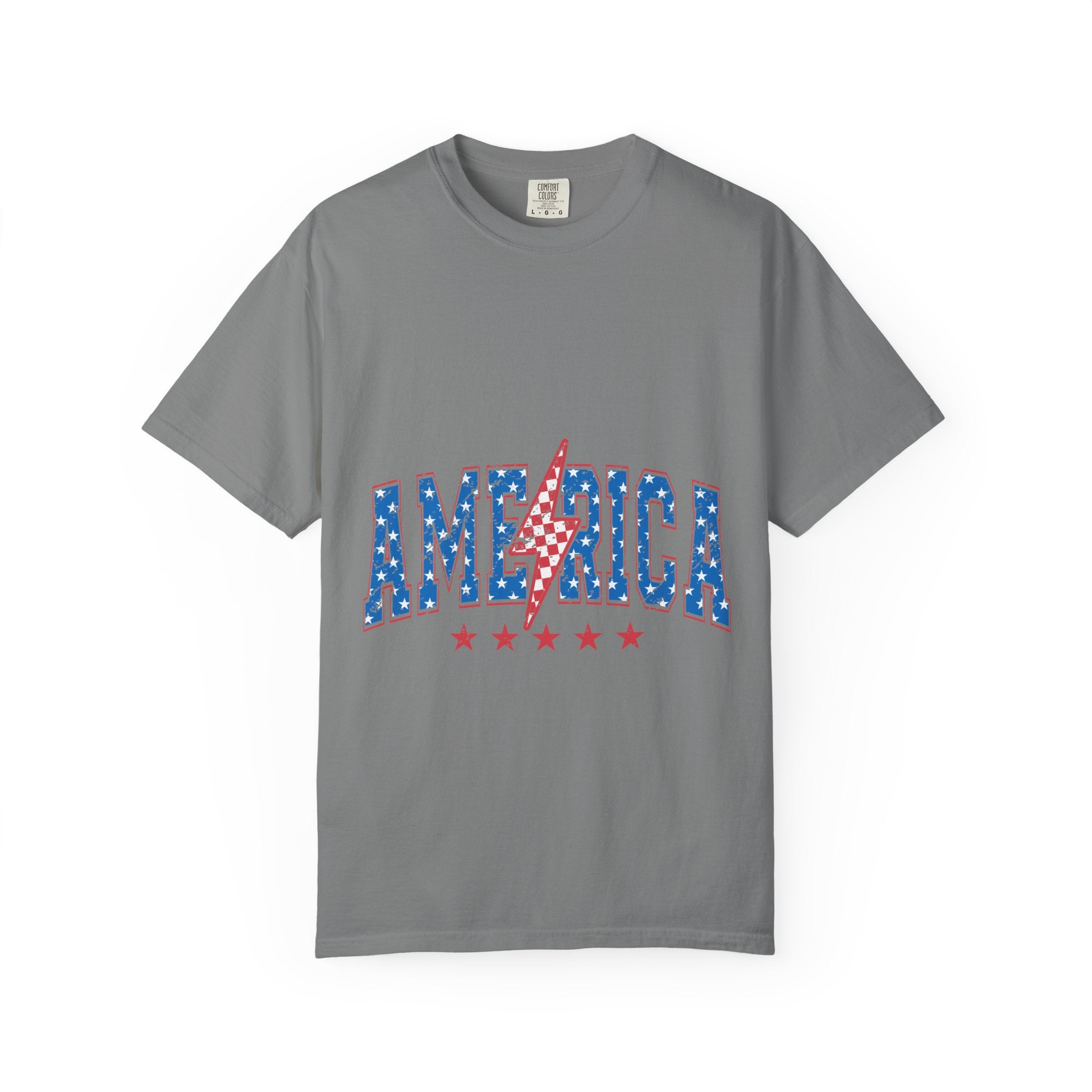 America Lightning Bolt T-Shirt — Patriotic USA Flag Print with Stars