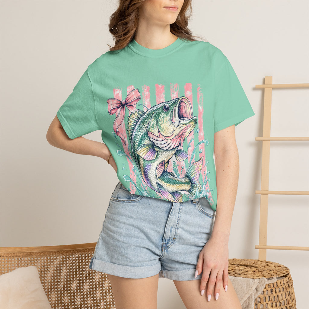 Bass Fish T-Shirt — Pastel Fishing Graphic Tee (Striped Background)