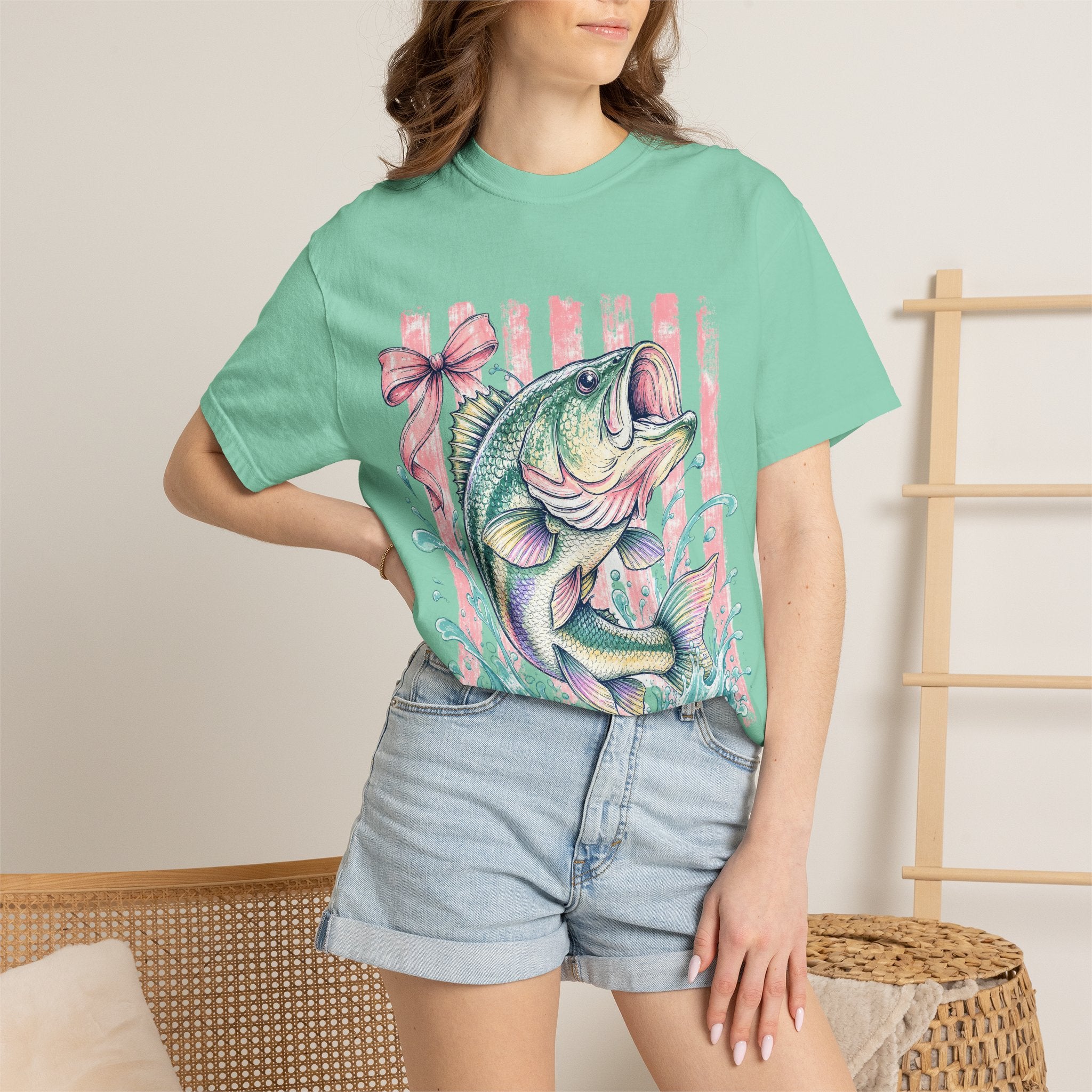 Bass Fish T-Shirt — Pastel Fishing Graphic Tee (Striped Background)
