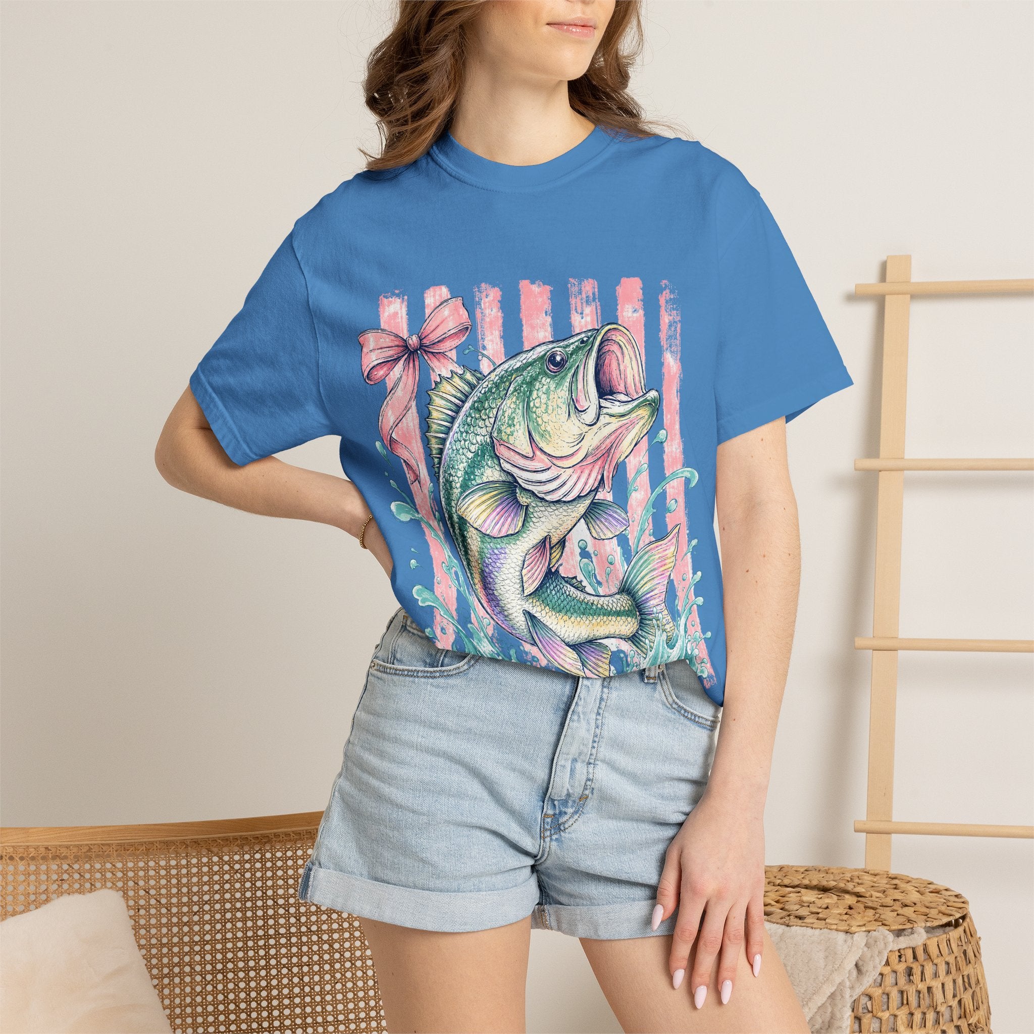Bass Fish T-Shirt — Pastel Fishing Graphic Tee (Striped Background)