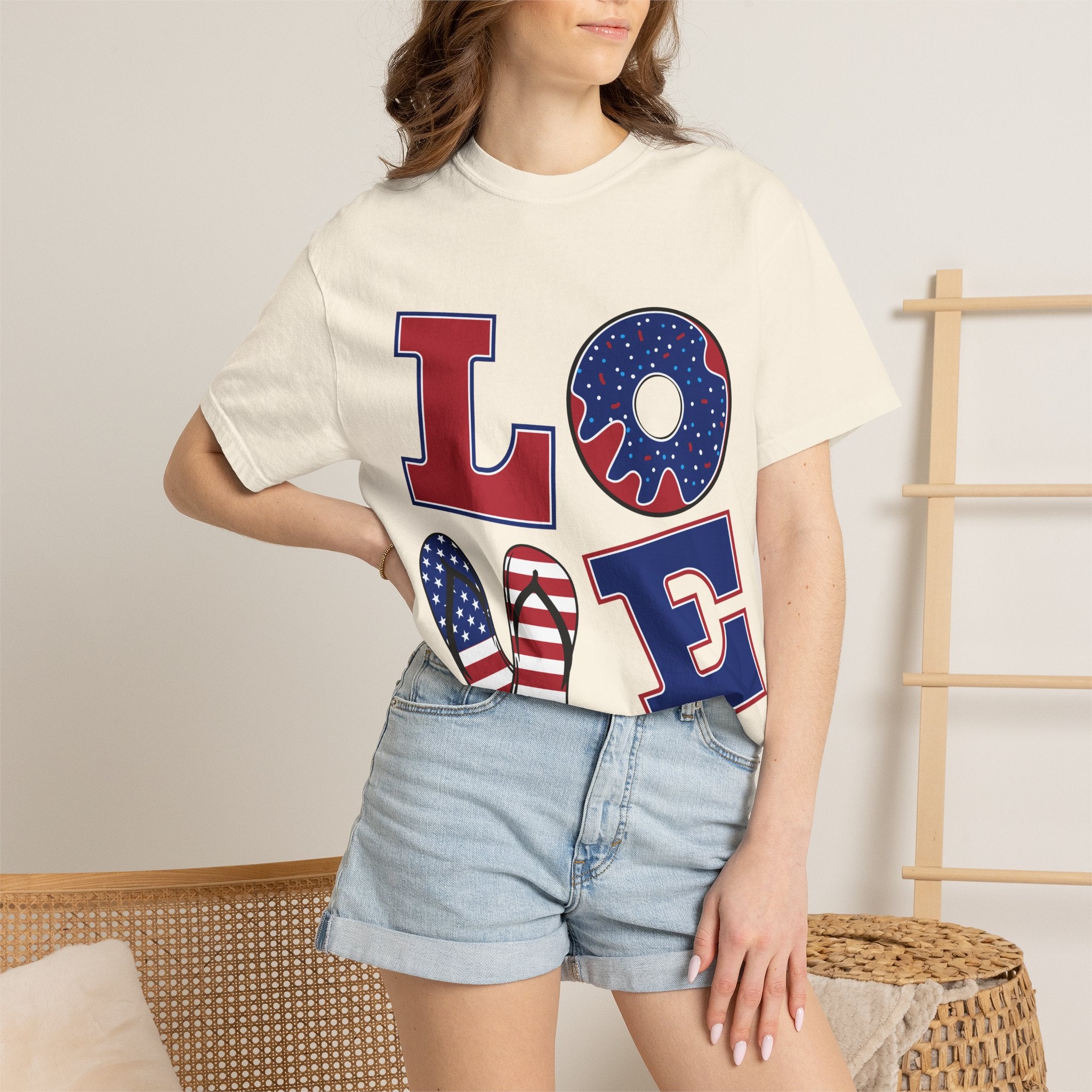 Patriotic 'LOVE' Graphic T-Shirt — American Flag Donut & Flip-Flop Design