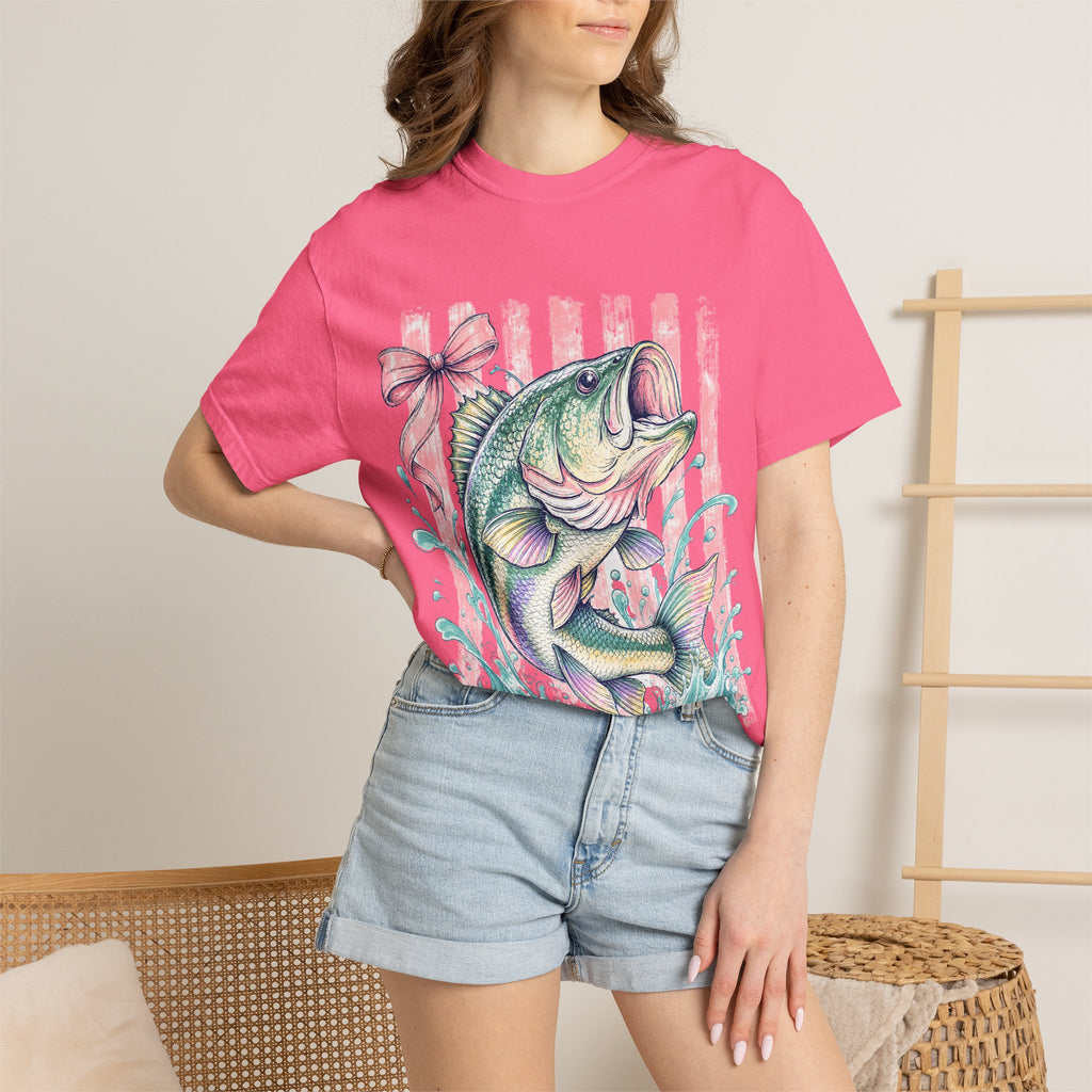 Bass Fish T-Shirt — Pastel Fishing Graphic Tee (Striped Background)