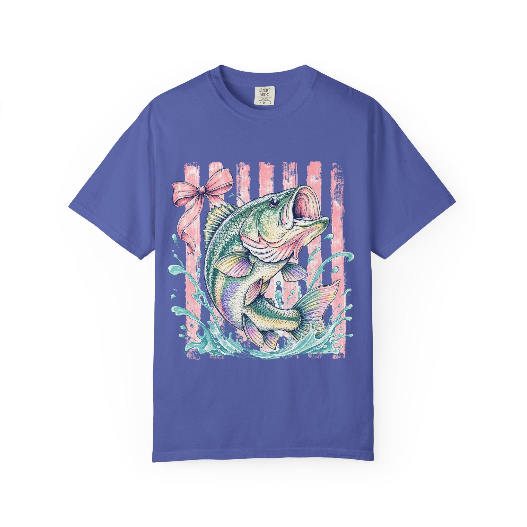 Bass Fish T-Shirt — Pastel Fishing Graphic Tee (Striped Background)