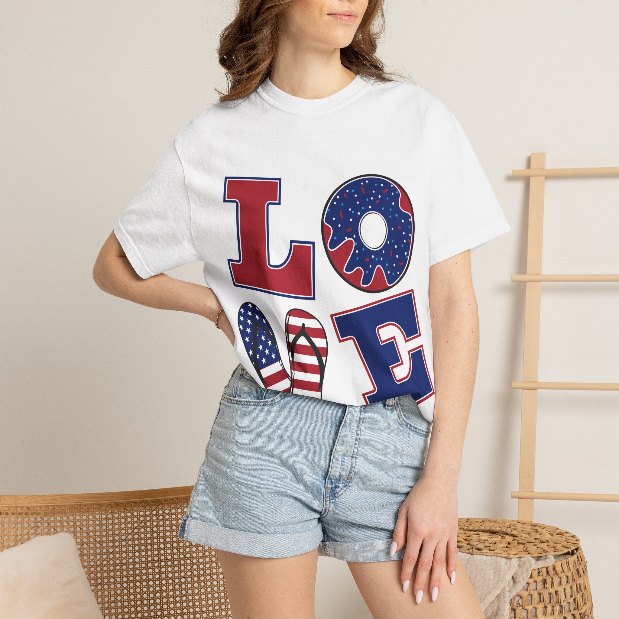 Patriotic 'LOVE' Graphic T-Shirt — American Flag Donut & Flip-Flop Design