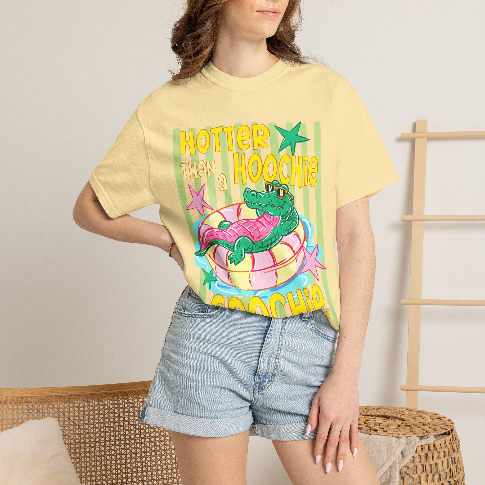 Graphic T-Shirt — “Hotter Than Hoochie Coochie” Retro Pool Float Design