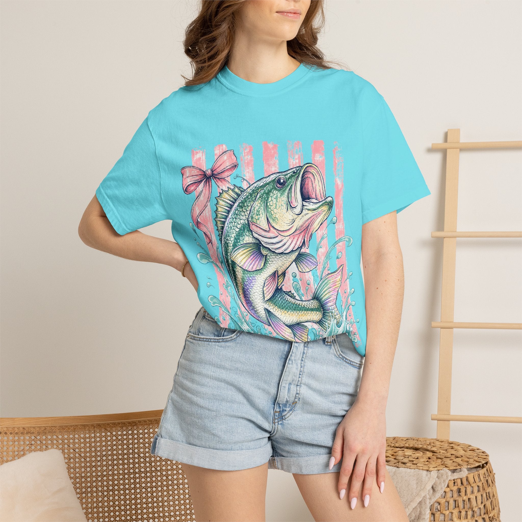 Bass Fish T-Shirt — Pastel Fishing Graphic Tee (Striped Background)