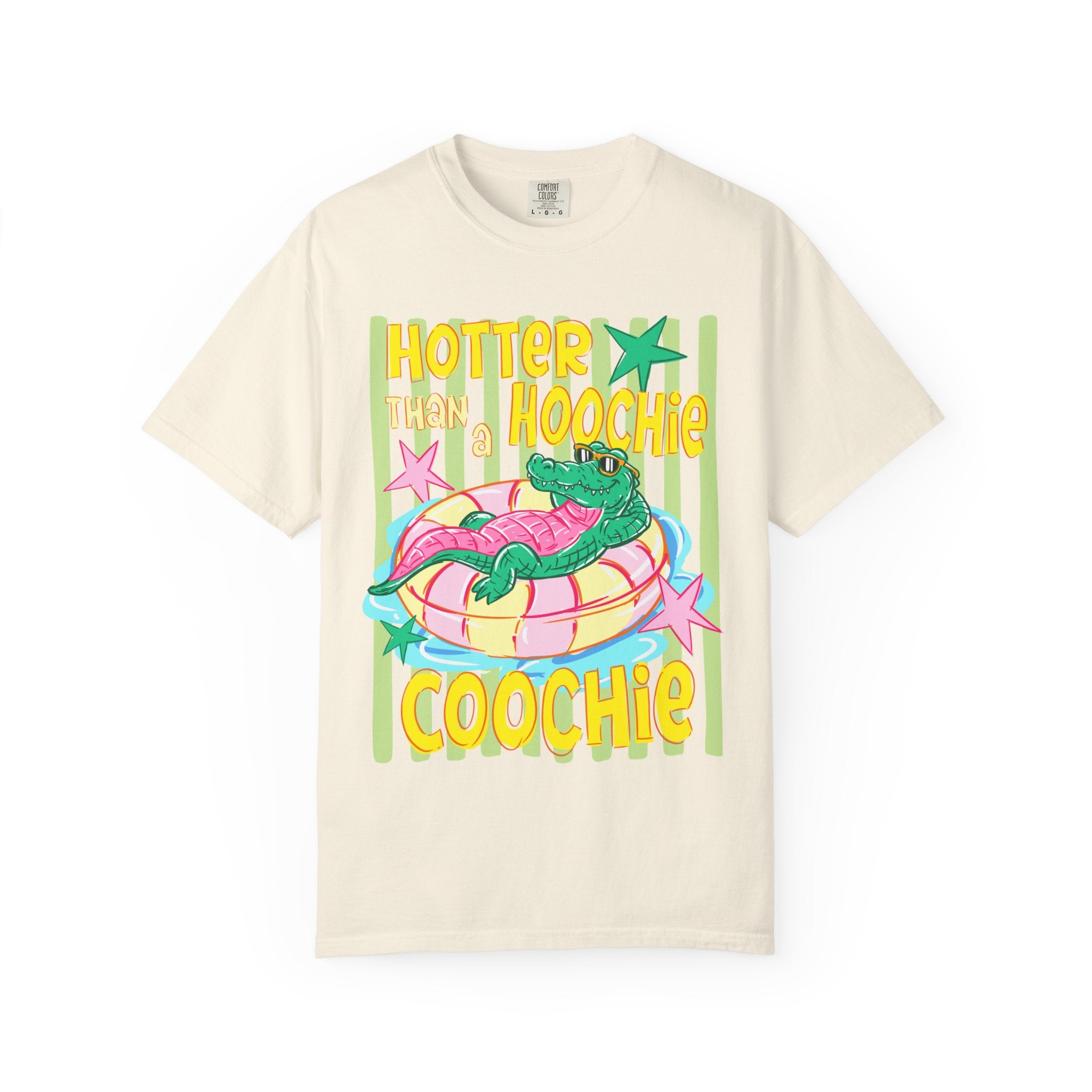 Graphic T-Shirt — “Hotter Than Hoochie Coochie” Retro Pool Float Design