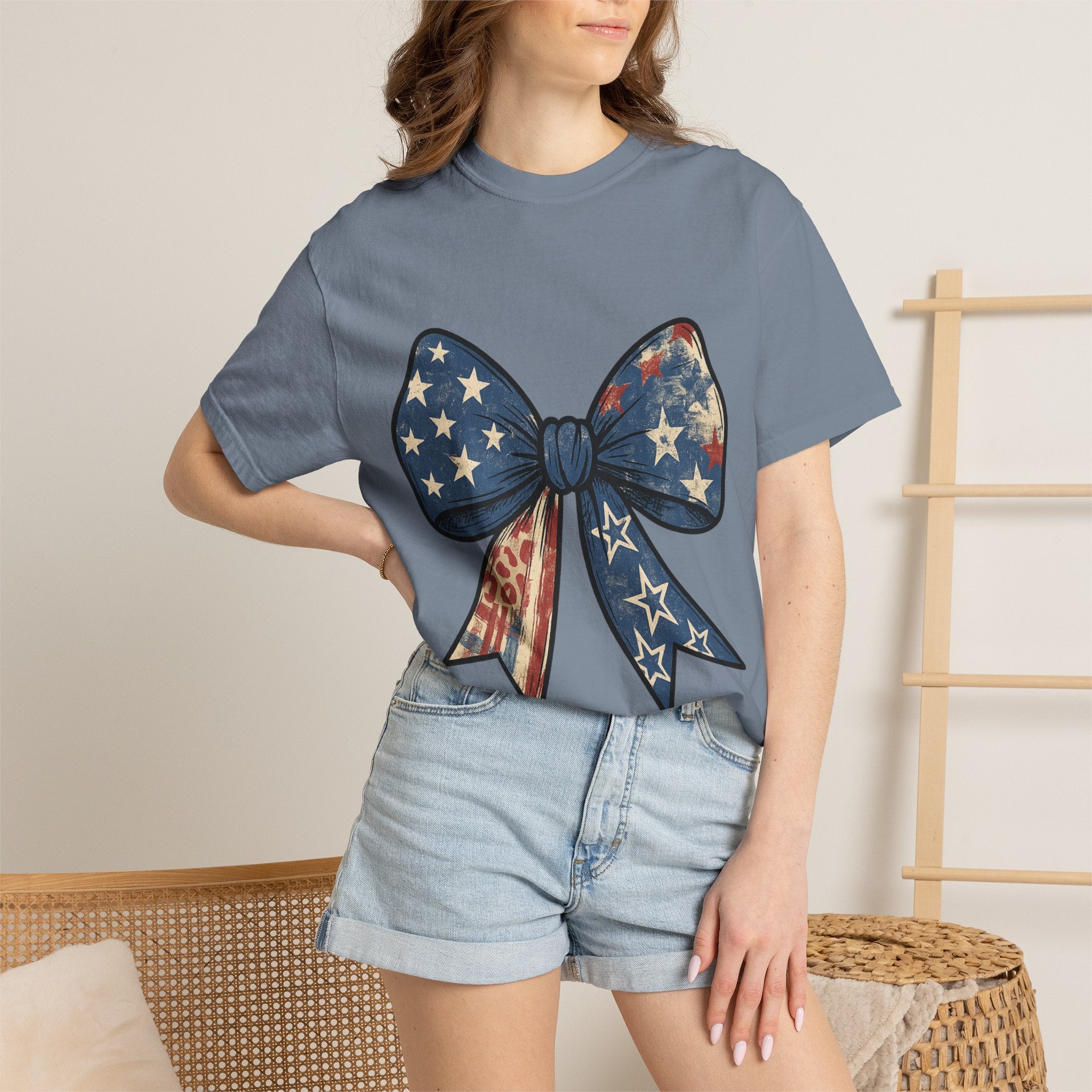 Patriotic Bow T-Shirt — American Flag Bow Graphic Tee for 4th of July