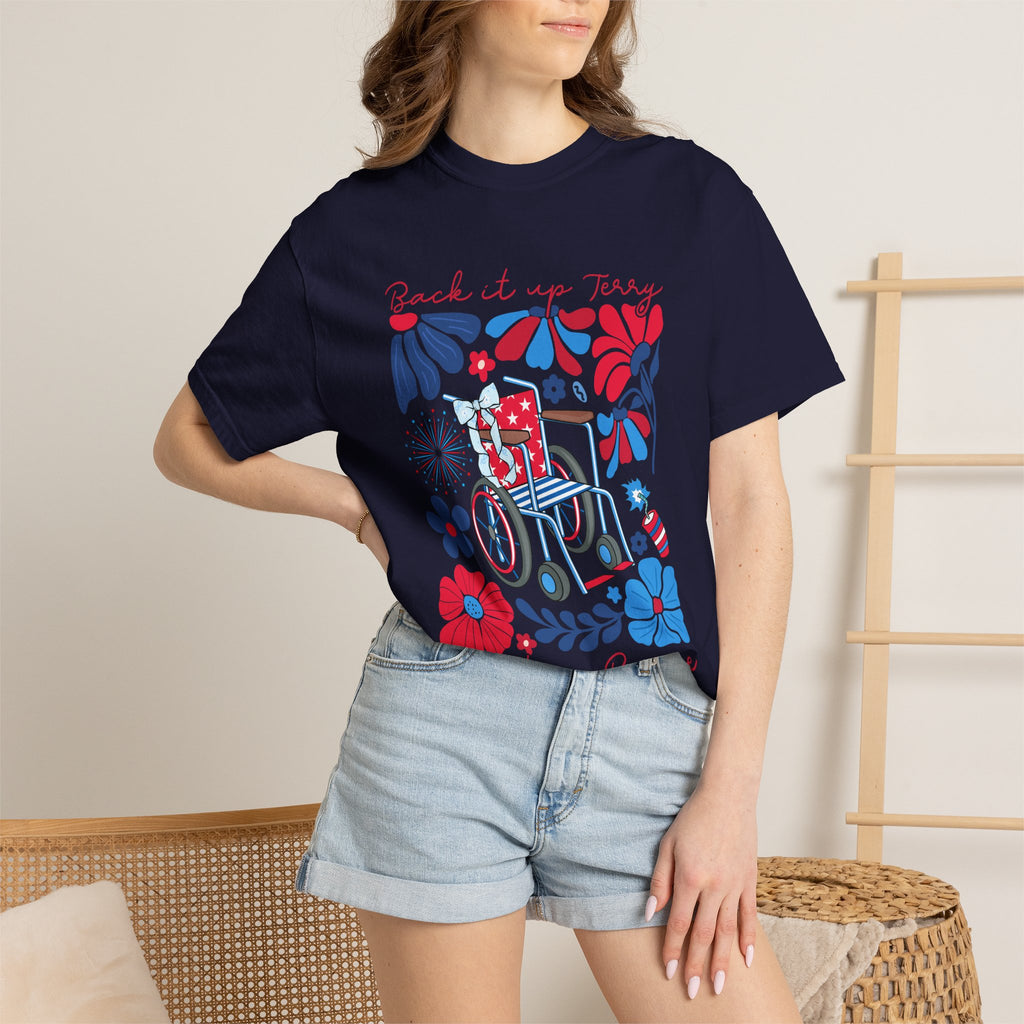 Retro Wheelchair Floral T-Shirt — "Push It in Reverse" Patriotic Graphic Tee