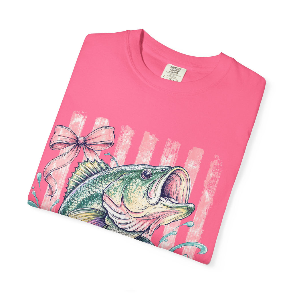 Bass Fish T-Shirt — Pastel Fishing Graphic Tee (Striped Background)