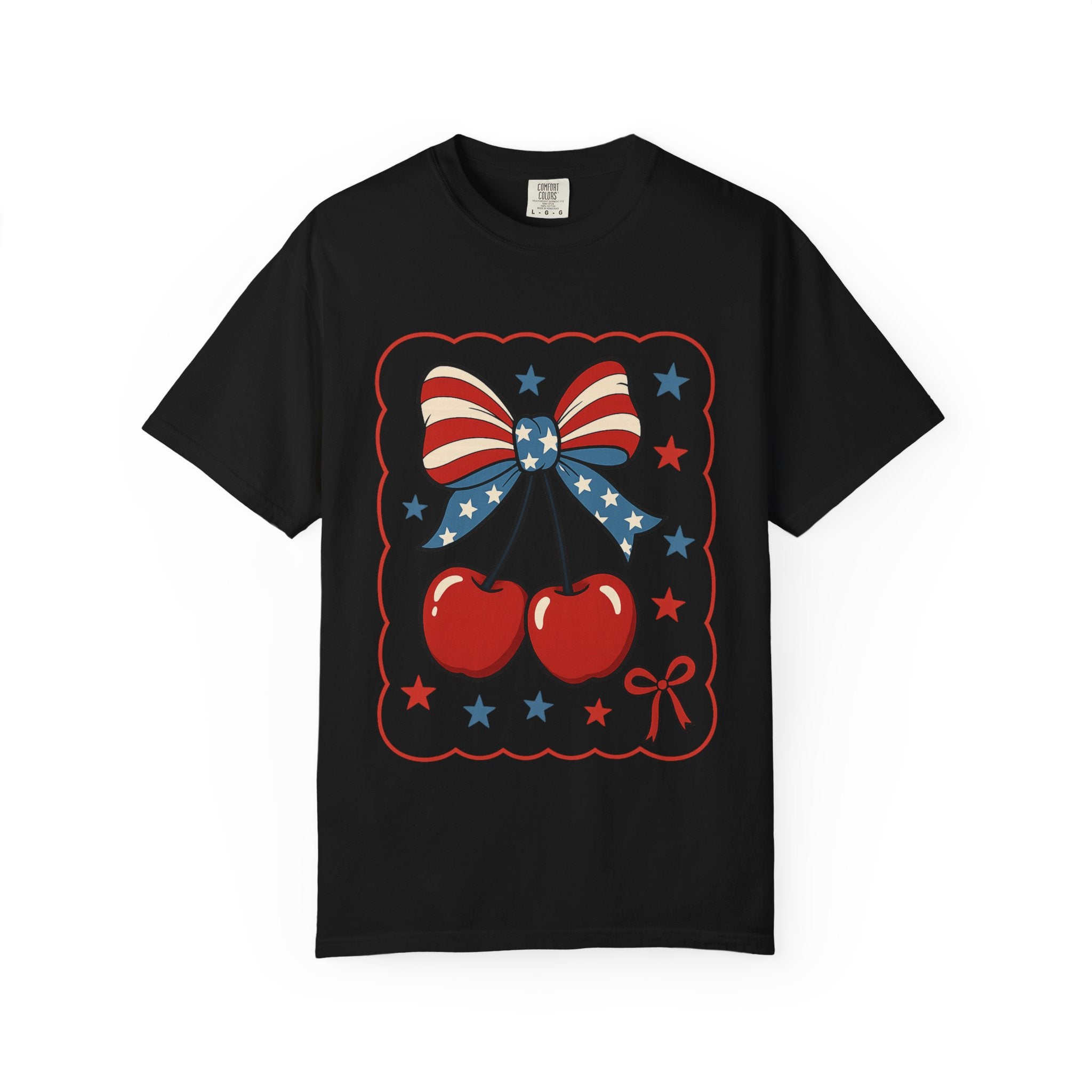 Patriotic Cherry Bow T-Shirt — American Flag Stars & Stripes Graphic